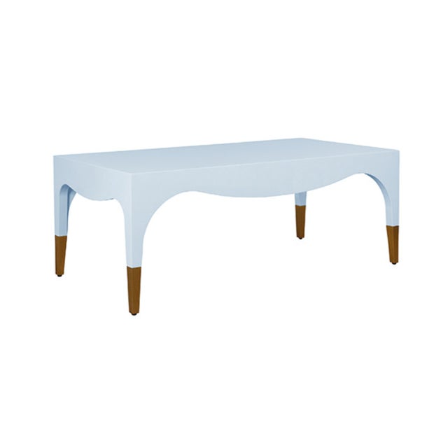 Contemporary Matthew Izzo Home Medina Glossy Light Blue Coffee Table With Antique Brass Foot Caps For Sale - Image 3 of 9