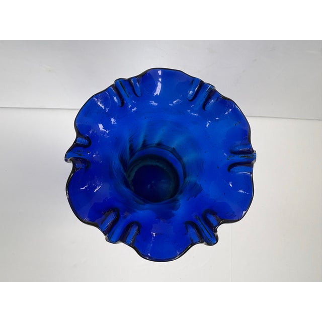 Vintage Mary Gregory Style Cobalt Blue Glass Vase With Ruffled Rim For Sale - Image 12 of 12