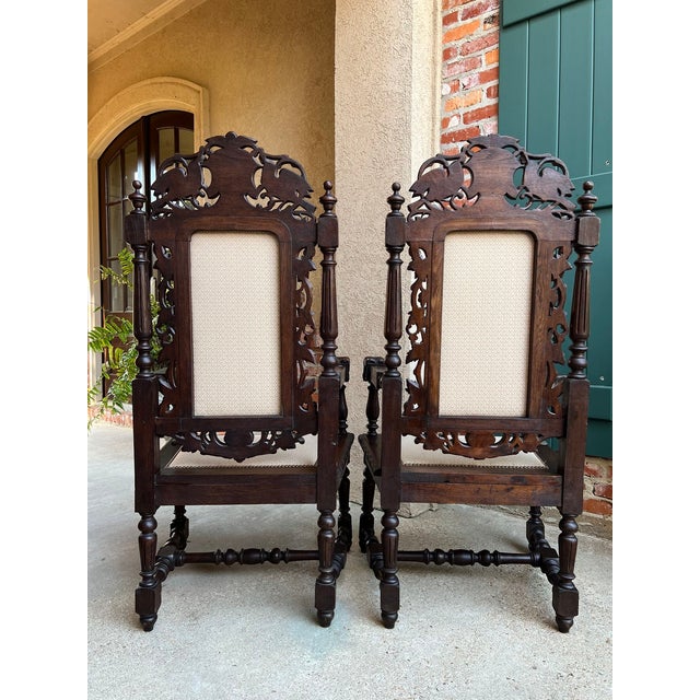 Pair Antique French Arm Chairs Dining Renaissance Carved Oak Bird Black Forest For Sale - Image 12 of 12