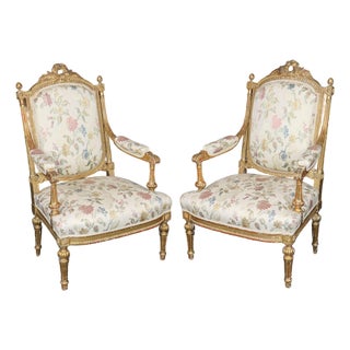 Pair 19th C. French Louis XVI Style Carved Giltwood Armchairs For Sale