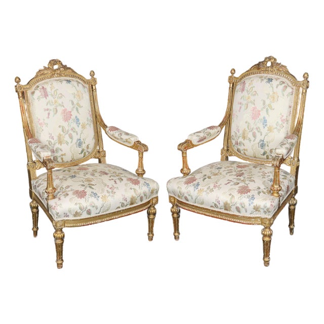 Pair 19th C. French Louis XVI Style Carved Giltwood Armchairs For Sale