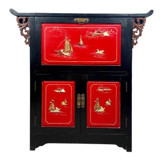 Mid Century Chinese Bar Cabinet in Black Lacquer, Decorative Painting and Carved Stone Murals For Sale