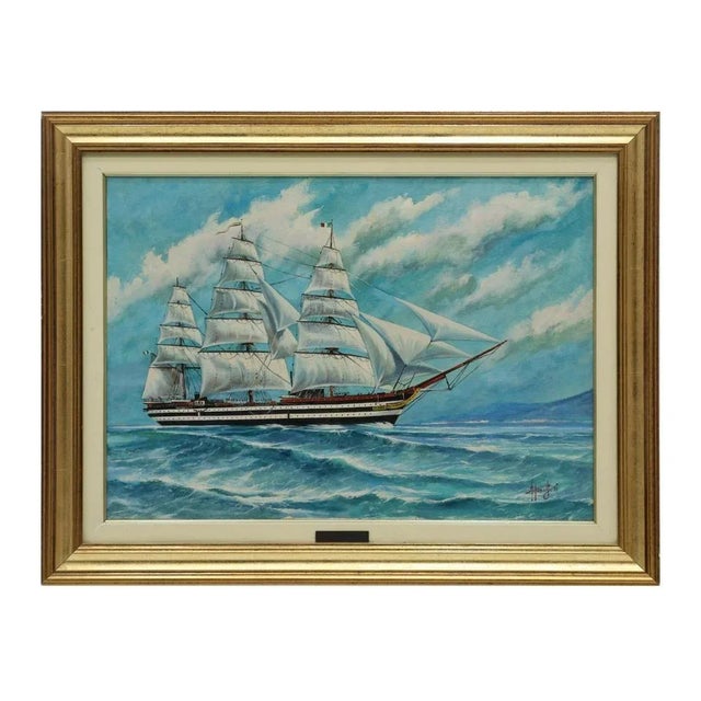 1970s "La Spezia Nave Scuola Amerigo Vespucci" Nautical Oil Painting Signed GP, Framed For Sale In Denver - Image 6 of 6