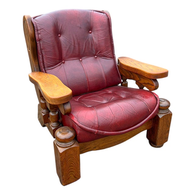 Brutalist Dutch Oak and Red Leather Lounge Chair, 1970s For Sale