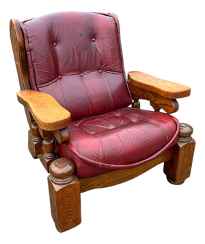 Brutalist Dutch Oak and Red Leather Lounge Chair, 1970s