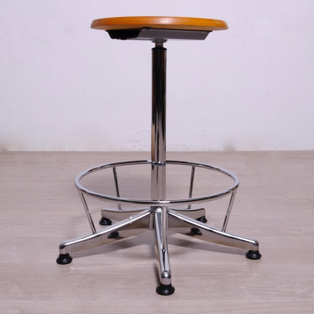 Industrial Adjustable Office Stool in Metal with Wooden Seat For Sale - Image 5 of 16