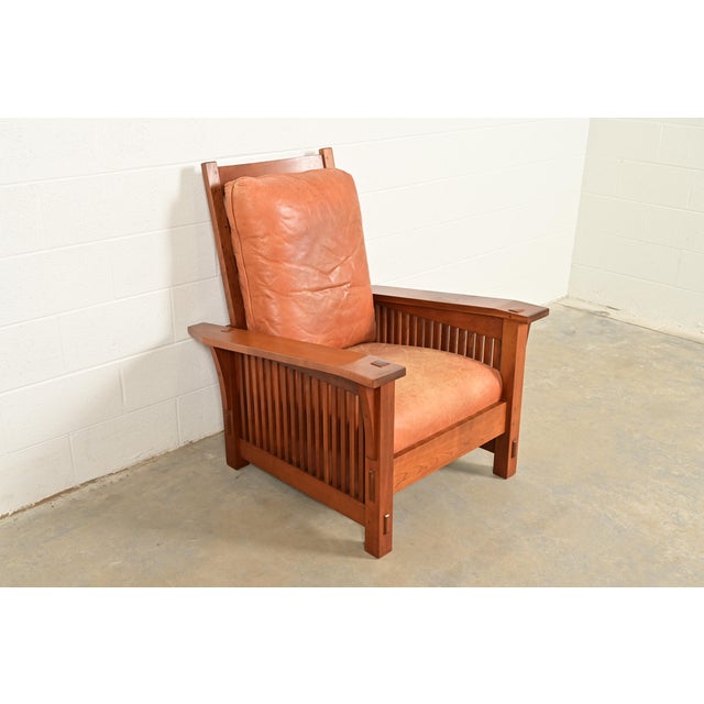 An exceptional Mission or Arts & Crafts style Morris reclining spindle lounge chair By L. & J.G. Stickley USA, Circa Late...