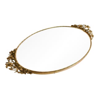Antique French Gilt Bronze Vanity Mirror Tray With Sculptural Lily Handles, Art Nouveau For Sale