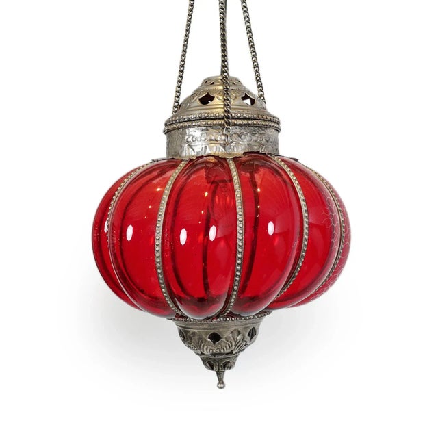 Vintage Red Glass Pumpkin Pendant Light For Sale - Image 4 of 6
