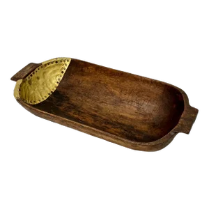 Unique Antique American Primitive Hand Carved Solid Wood Trencher - Dough Bowl With Old Brass Patch Repair