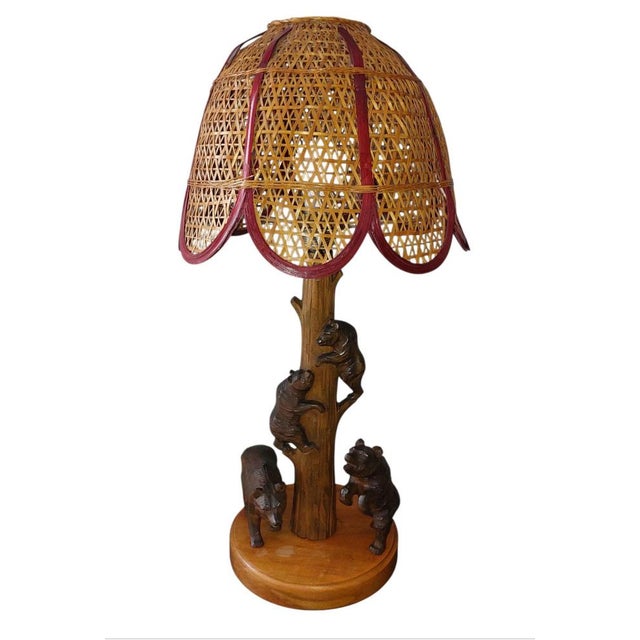 Black Forest Rustic Bear Family Table Lamp with Wicker Shade, 1950s For Sale - Image 6 of 6