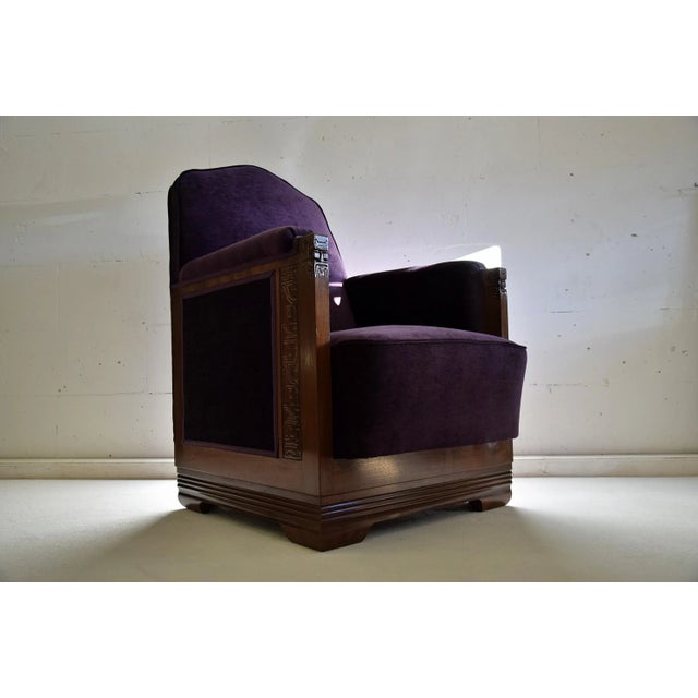 Restored and reupholstered purple velvet and jatoba wood art deco lounge chair designed by c.a. Lion cachet. a stunning...