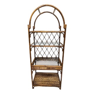 Vintage Arch Top Rattan and Bamboo Standing Shelves For Sale