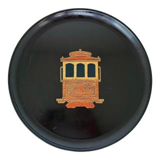 Classic Vintage Mid-Century Modern Couroc of Monterey, Ca Round Tray With an Iconic San Francisco Streetcar Design Hand Inlaid Wood & Brass For Sale