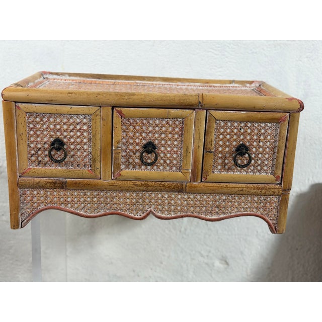 Wood Vintage Rattan Three Drawer Table Top Cabinet For Sale - Image 7 of 9