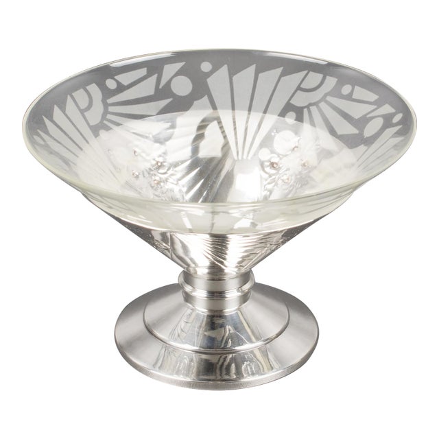 Art Deco Silver Plate and Etched Glass Centerpiece Bowl For Sale