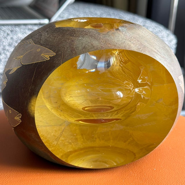 20th C. Super Heavy Hiroshi Yamano Signed Glass Sphere Sculpture With Silver & Copper Plating Fish Motif 6"x5"x 4.5"h - Might Missing the Fish For Sale - Image 9 of 13