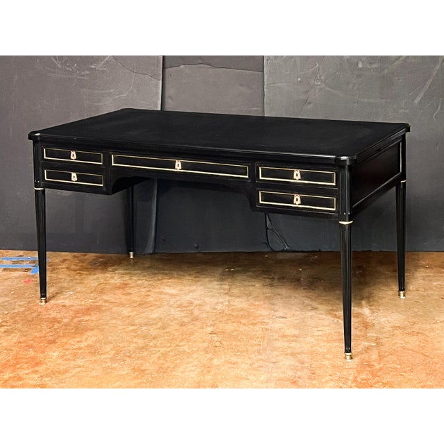 French French Ebonized Writing Table or Desk With Embossed Leather Top With Side Leaves For Sale - Image 3 of 11