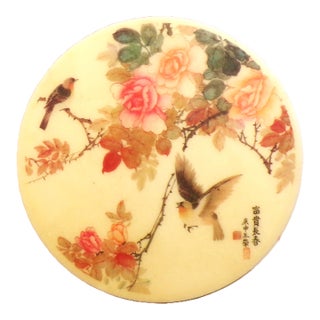 Birds Blossoms Calligraphy and Artist Seals in a Vintage Chinese Porcelain Wall Plaque For Sale