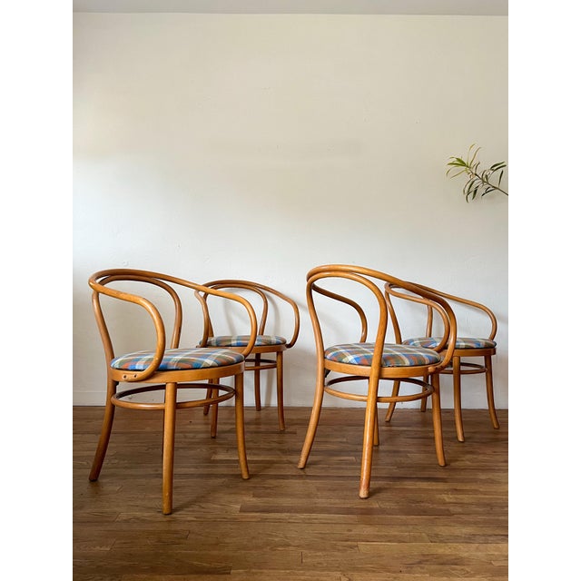 1950s Set of 4 Thonet B9 Bentwood Armchairs, Reupholstered in Vintage Hoffman California Plaid Fabric For Sale - Image 5 of 12