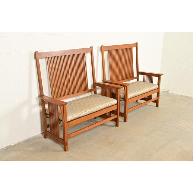 L. & J.G. Stickley, Inc. Stickley Mission Oak Arts & Crafts Spindle Benches or Settees, Pair For Sale - Image 4 of 14