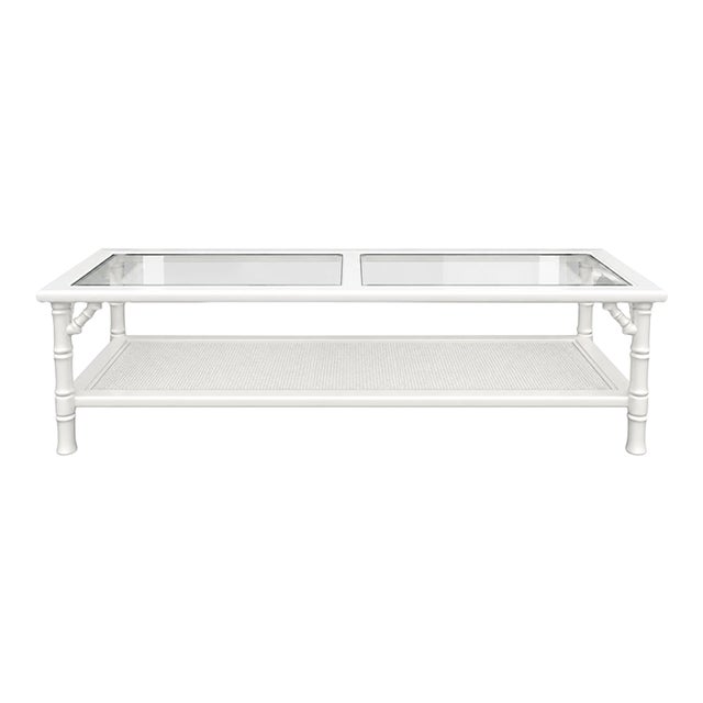 Vintage Faux Bamboo Glass Top Coffee Table in Super White Satin For Sale