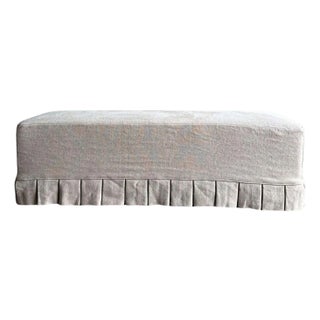 Greige Linen Slip Covered Bench With Pleated Skirt Details and White Oak Legs For Sale