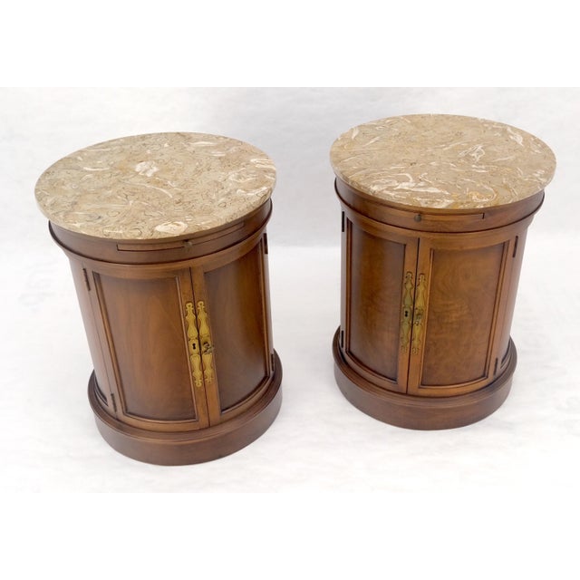 Pair of Round Cylinder Shape Two Doors End Lamp Tables Stands Pull Out Trays For Sale - Image 12 of 18