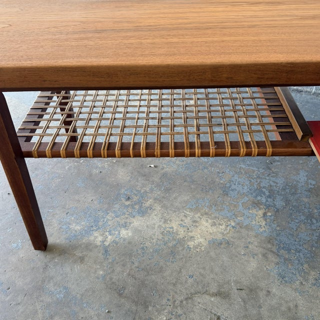 Mid 20th Century Vintage Danish Modern Teak Coffee Table With Pull-Out Tray and Woven Shelf, Circa 1960's Mid Century For Sale - Image 5 of 7