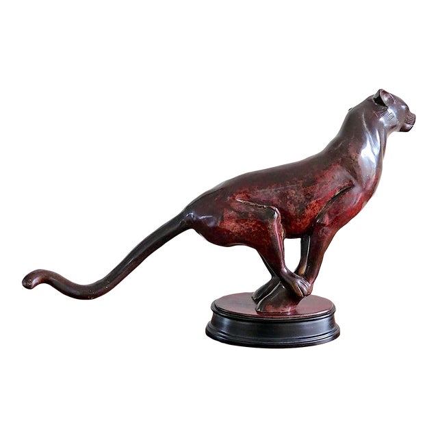 Art Deco Style Patinated Bronze Charging Panther Sculpture on Tiered Base – Hollywood Regency Statement Piece For Sale