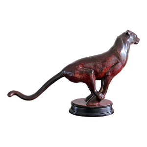 Art Deco Style Patinated Bronze Charging Panther Sculpture on Tiered Base – Hollywood Regency Statement Piece