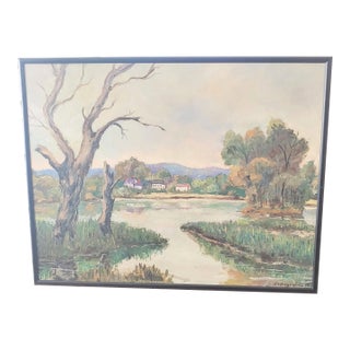 1947 Impressionist Signed Landscape Oil on Board Painting, Framed For Sale