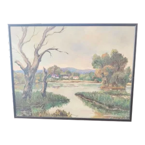 1947 Impressionist Signed Landscape Oil on Board Painting, Framed