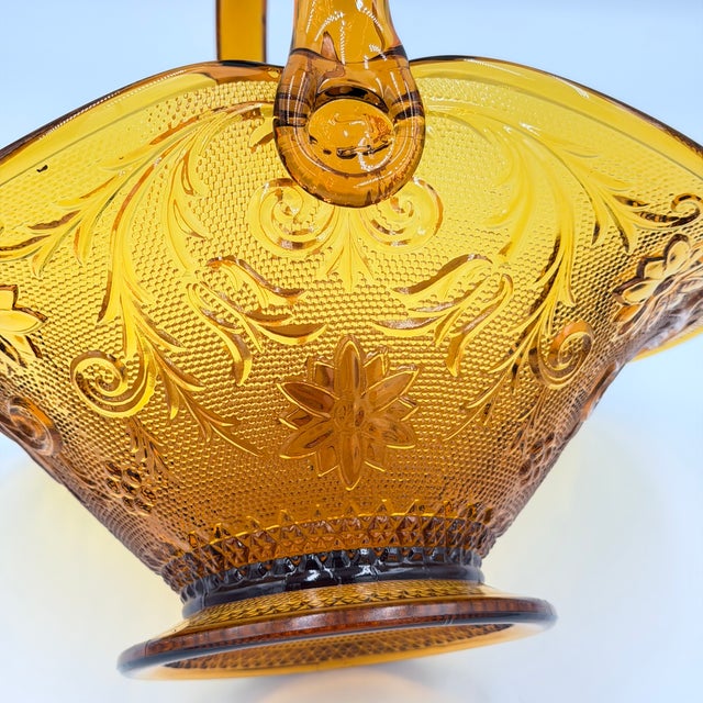 Amber Brockway Indiana Glass Large Tiara Amber Sandwich Handled Basket Signed j.t. For Sale - Image 8 of 10
