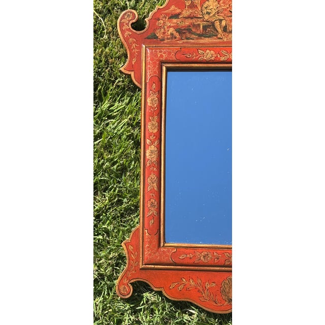 Antique Style Petite Scale Red Chinoiserie Wall Mirror / English Georgian Red Jappaned Style Mirror For Sale - Image 4 of 15