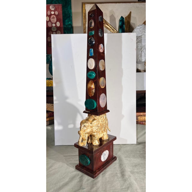 Burgundy Large Italian Grand Tour Style Handpainted & Gilded Obelisk of the Minerva With Semi-Precious Stone Specimens For Sale - Image 8 of 12