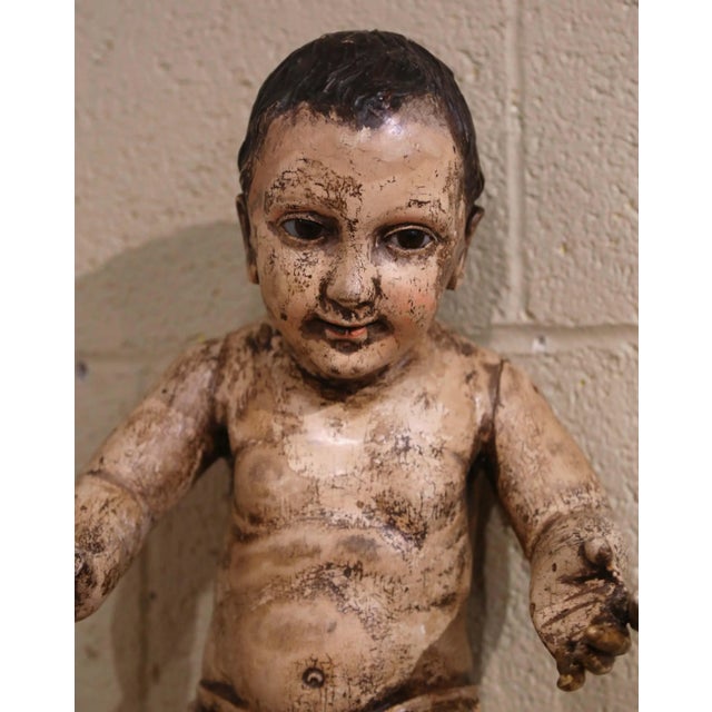 Italian 18th Century Italian Carved Giltwood Polychrome Baby Jesus With Glass Eyes For Sale - Image 3 of 11