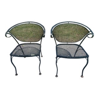 Mid 20th Century Wrought Iron Russell Woodard Pinecrest Barrel Back Mesh Pair of Chairs For Sale