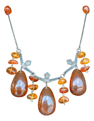 Vintage Cognac Amber Necklace With Blackened Silver