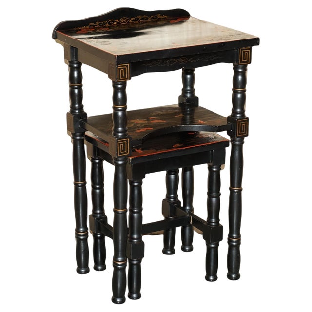 Chinese Chinoiserie Lacqurered Tables, 1880s, Set of 2 For Sale