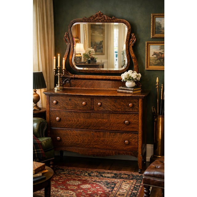 Grandmillennial Antique Tiger Oak Wood Dresser & Removable Mirror Kindly note photo number two (2) is a digital rendering...