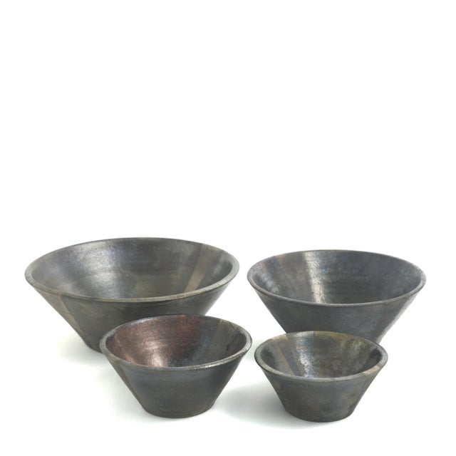 Contemporary Japanese Minimalist Black Metal Raku Ceramics Fringe Bowls by Laab Milano, Set of 4 For Sale - Image 3 of 18