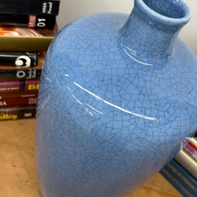 Rustic Crackle Blue Glazed Ceramic Vase with Tapered Body For Sale - Image 3 of 8