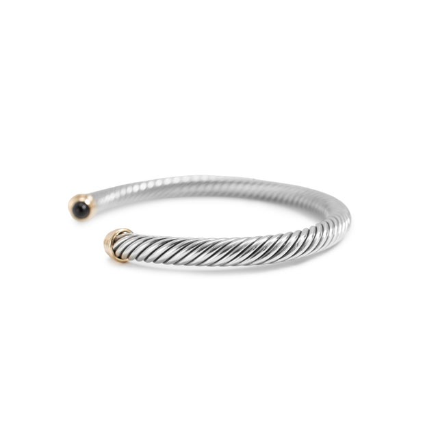 Modern David Yurman Classic Cable 5mm Silver 14k Yellow Gold Onyx Cuff Bangle Bracelet For Sale - Image 3 of 8