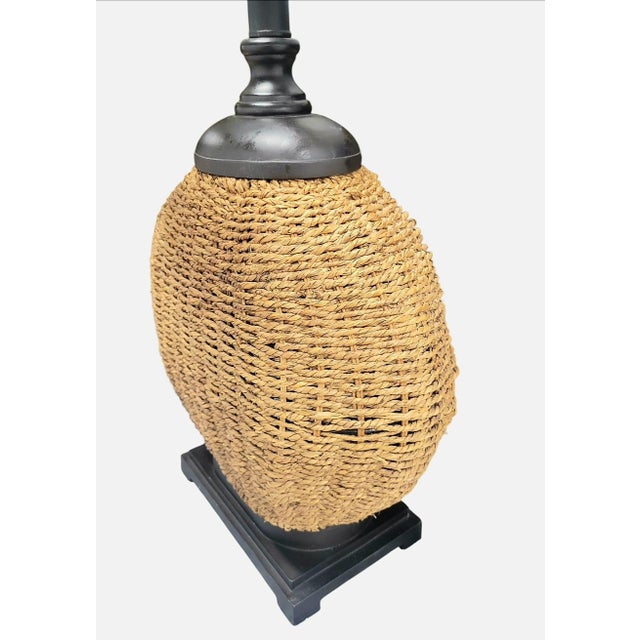 Boho Chic Vintage Round Jute Coastal Regency Brown Wood Base Table Lamps- A Pair For Sale - Image 3 of 5