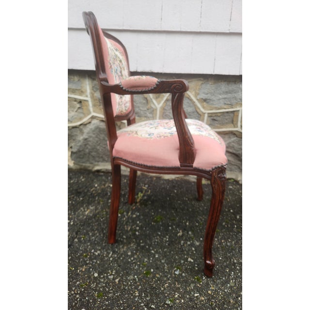 Pair of Vintage Louis XV Style French Provincial Open Armchairs With Pink Romantic Tapestry Upholstery For Sale - Image 16 of 17