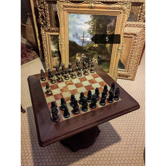 Rosewood Chess Table with Marble Top and Chess Set in Brass and Bronze, 1930s, in Flawless conditions. Designed 1920 to 1949