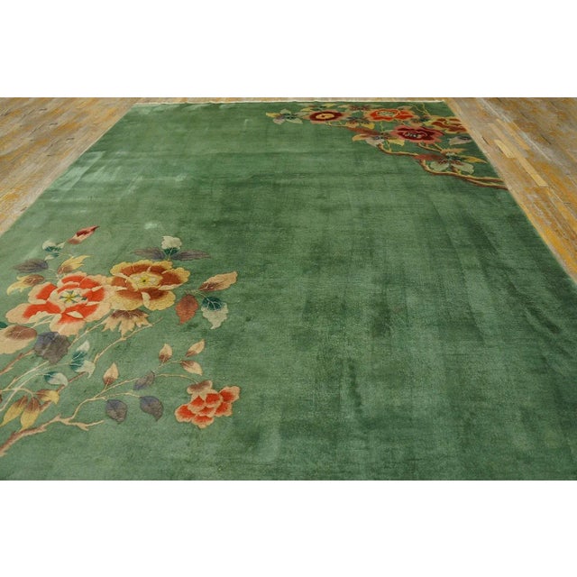 1930s Chinese Art Deco Carpet ( 8' 7" x 11' 4" - 260 x 345 cm ) Antique Art Deco Chinese Floral Green 1935 Rug, Circa...