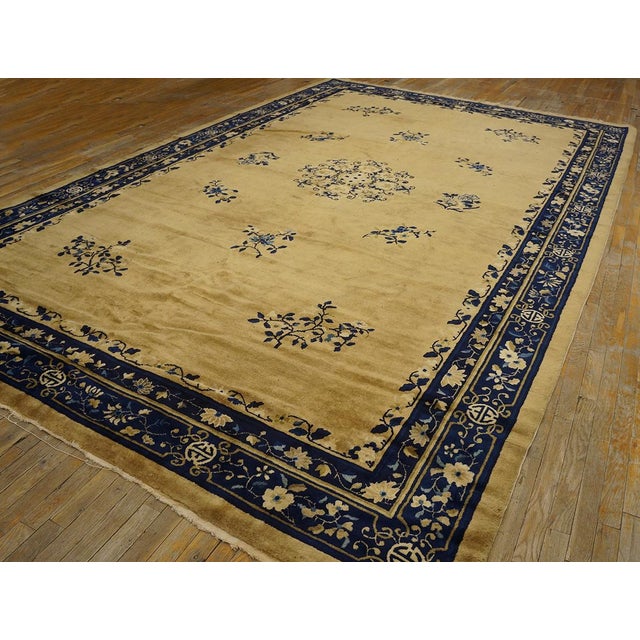 1920s Beige Floral Deco Oriental Antique Peking Room Size Wool Knotted Rug For Sale - Image 10 of 10