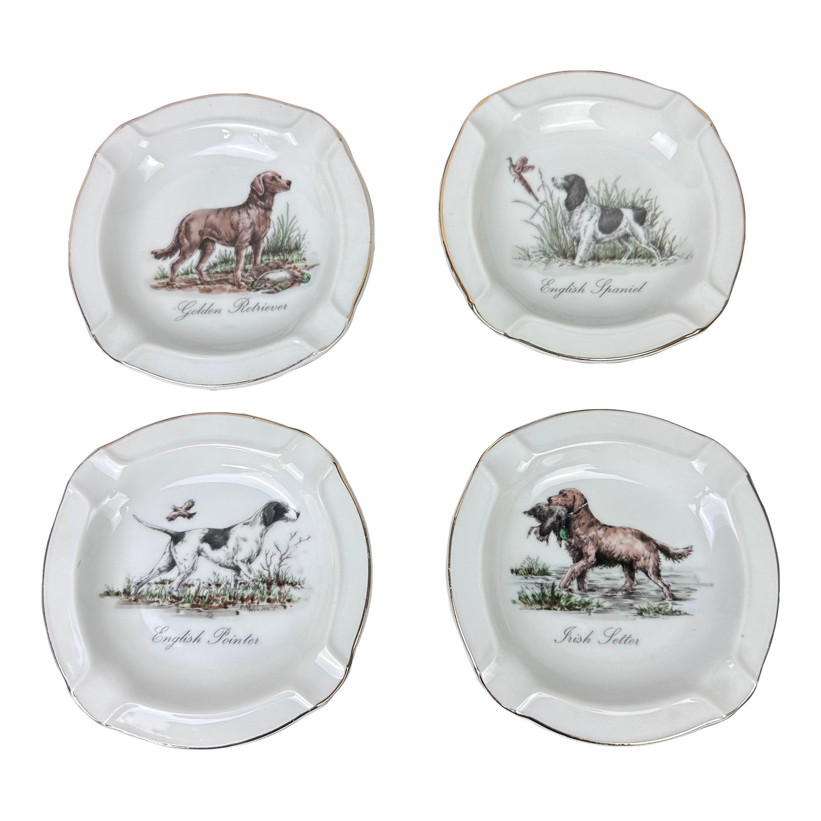 Vintage Gold Rimmed Porcelain Hunting Dog Ashtrays Set of 4 Chairish